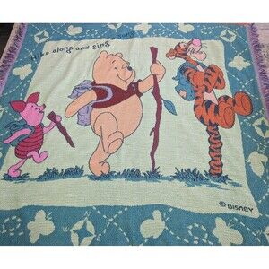 VTG Disney Winnie the Pooh Tapestry Blanket Woven Throw Beacon USA Hike Along